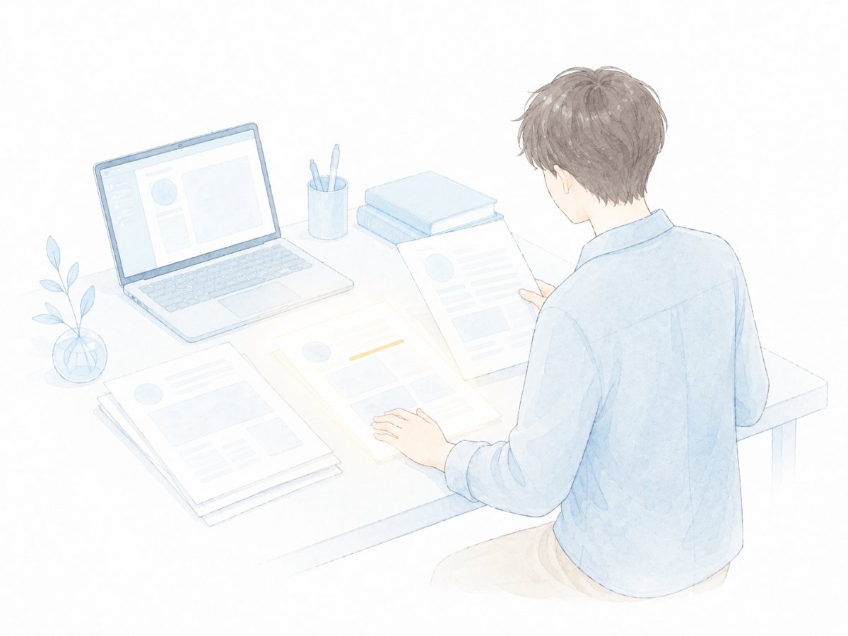 応募書類を見ながらAIと自己PRや志望動機を整理するイラスト