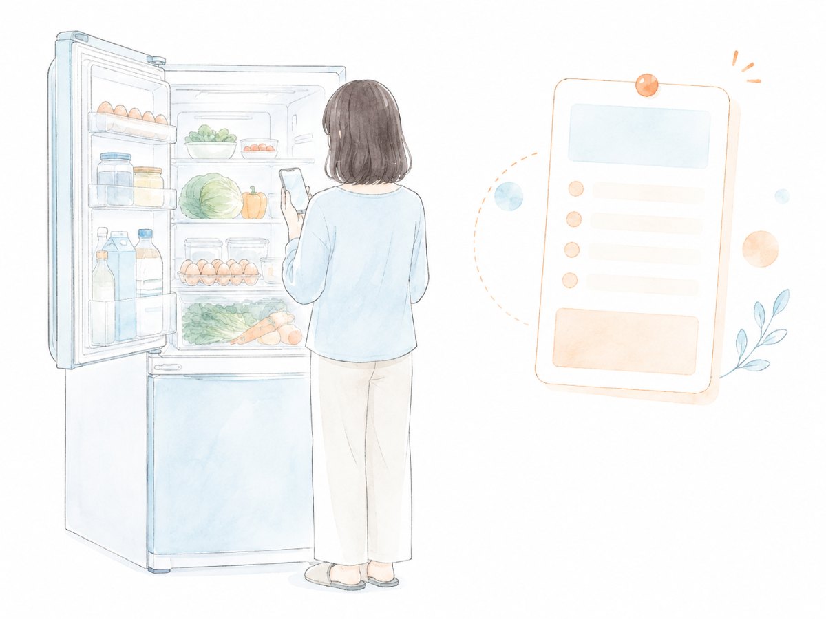 冷蔵庫の食材をスマートフォンで確認し、AIに献立づくりを頼むイラスト