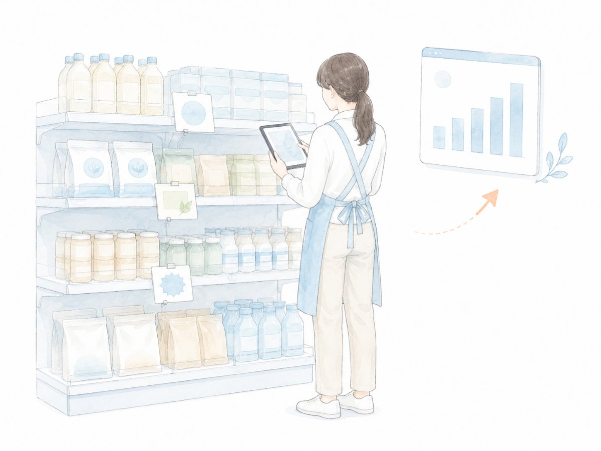 売り場でタブレットのデータを確認し、AIと改善案を考えるイラスト